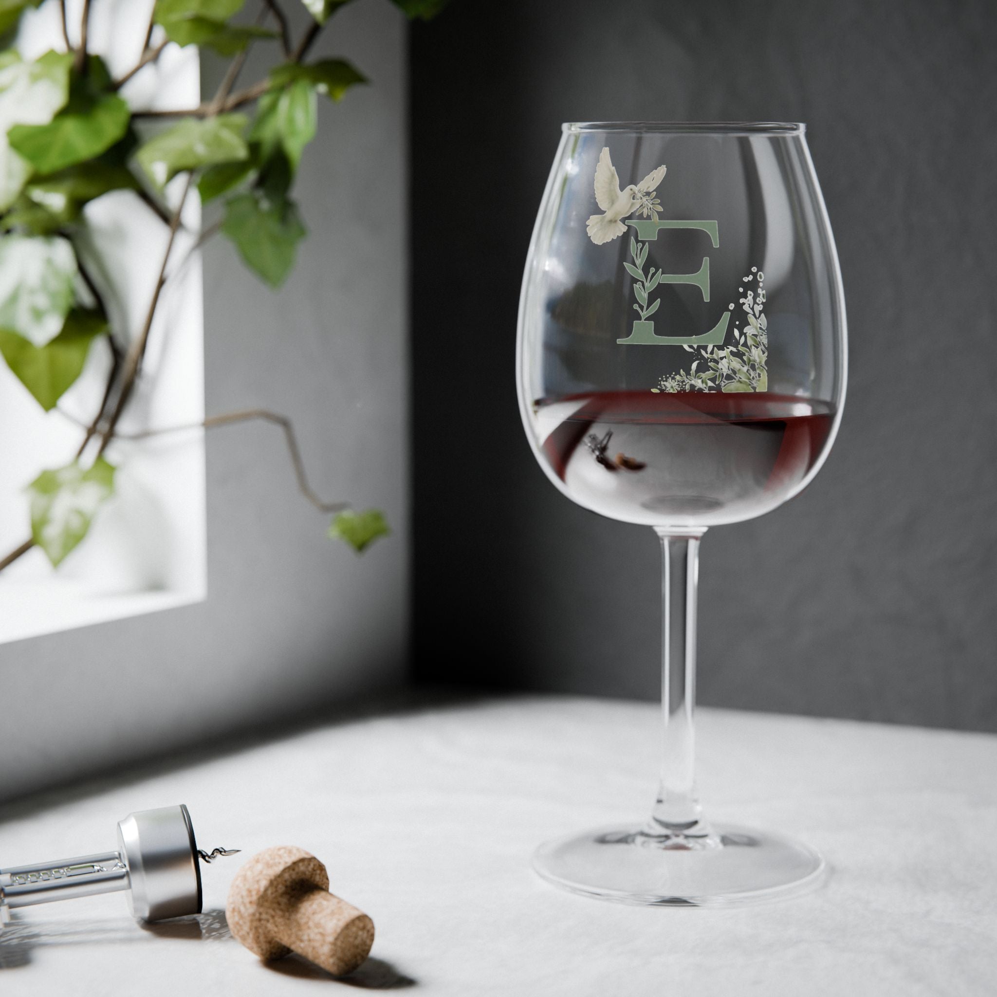 Monogram E 12oz Wine Glass — Floral Letter E Stemmed Wineglass (Dove & Lily Accent)