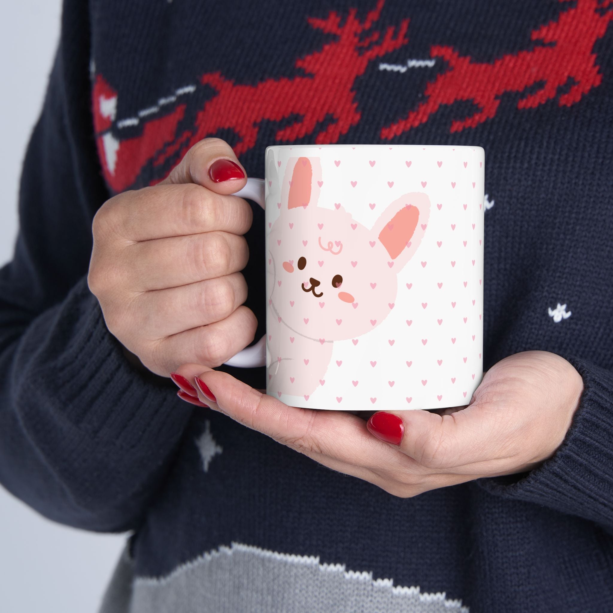 Cute Pink Bunny Ceramic Mug — Kawaii Heart Pattern Coffee Cup (11oz & 15oz)