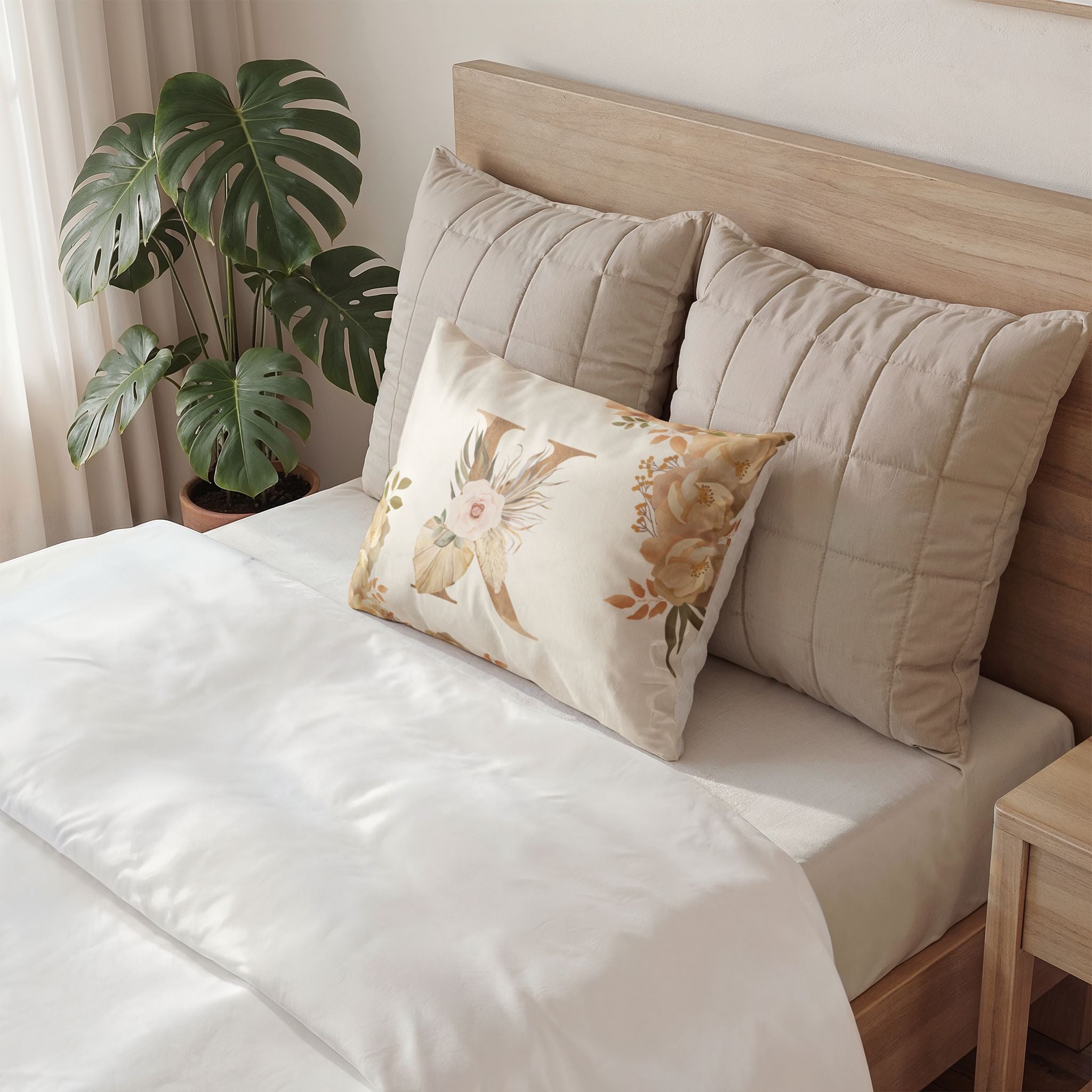 Floral Monogram K Pillow Sham | Beige Watercolor Letter Decorative Pillowcase