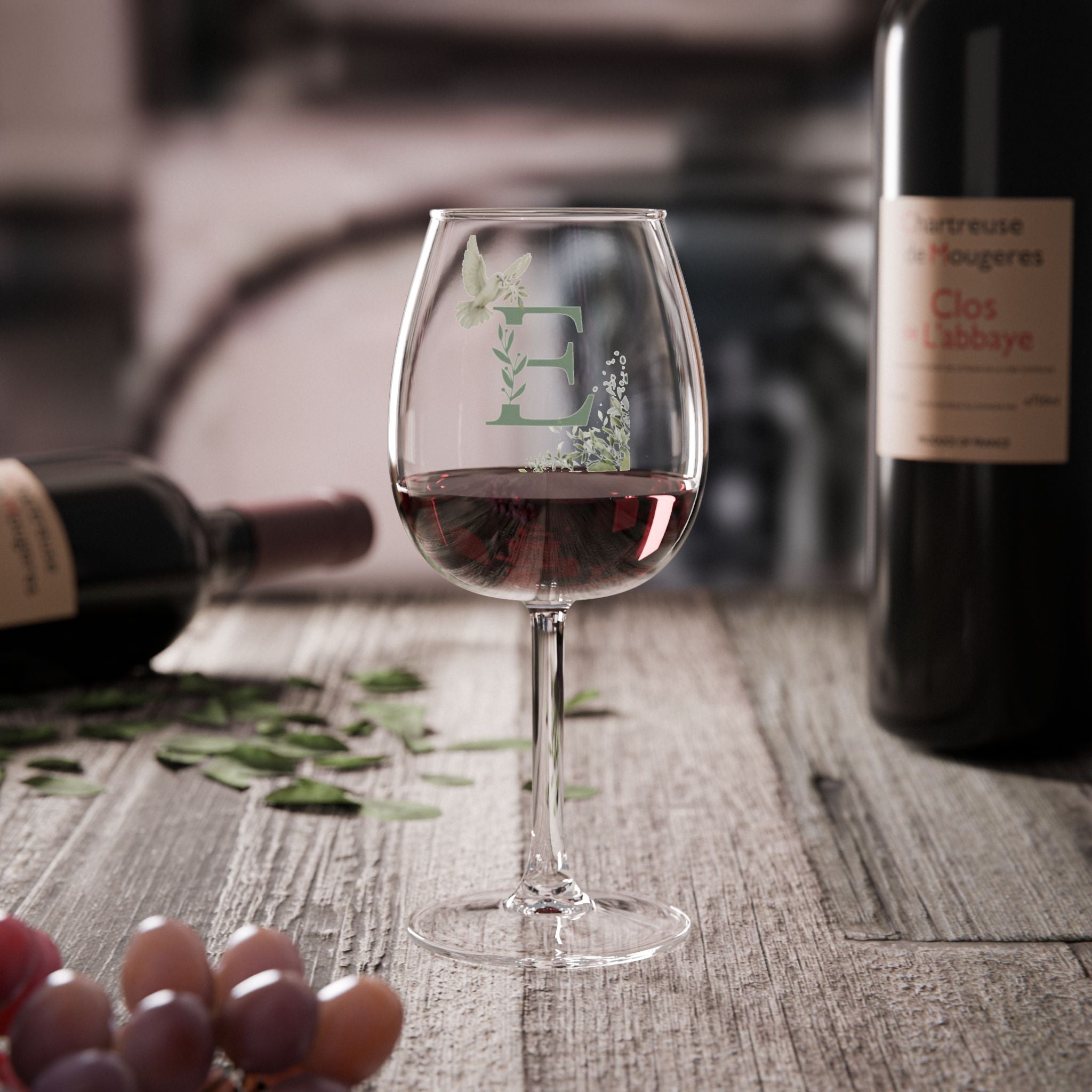 Monogram E 12oz Wine Glass — Floral Letter E Stemmed Wineglass (Dove & Lily Accent)