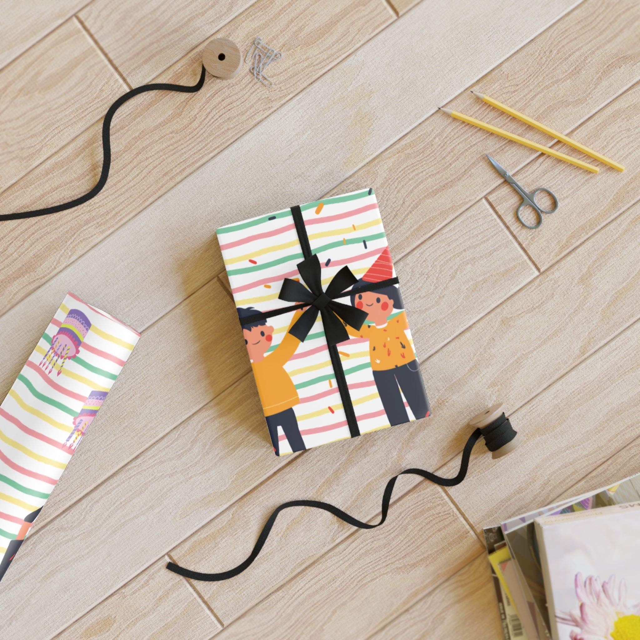 Birthday Kids Gift Wrapping Paper Roll — Cute Party Cake & Confetti Design
