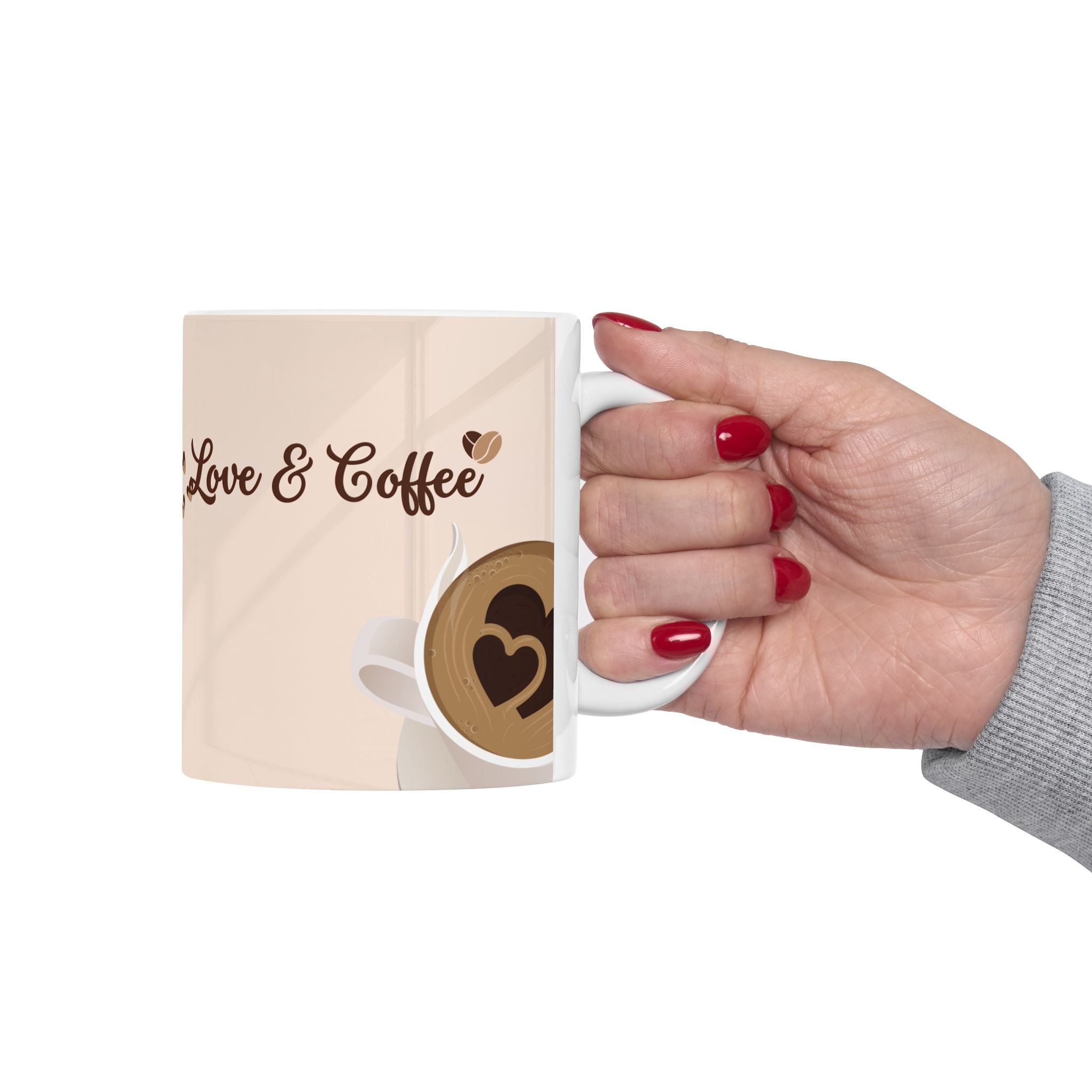 Love & Coffee mug | Cozy heart latte illustration, neutral beige ceramic mug