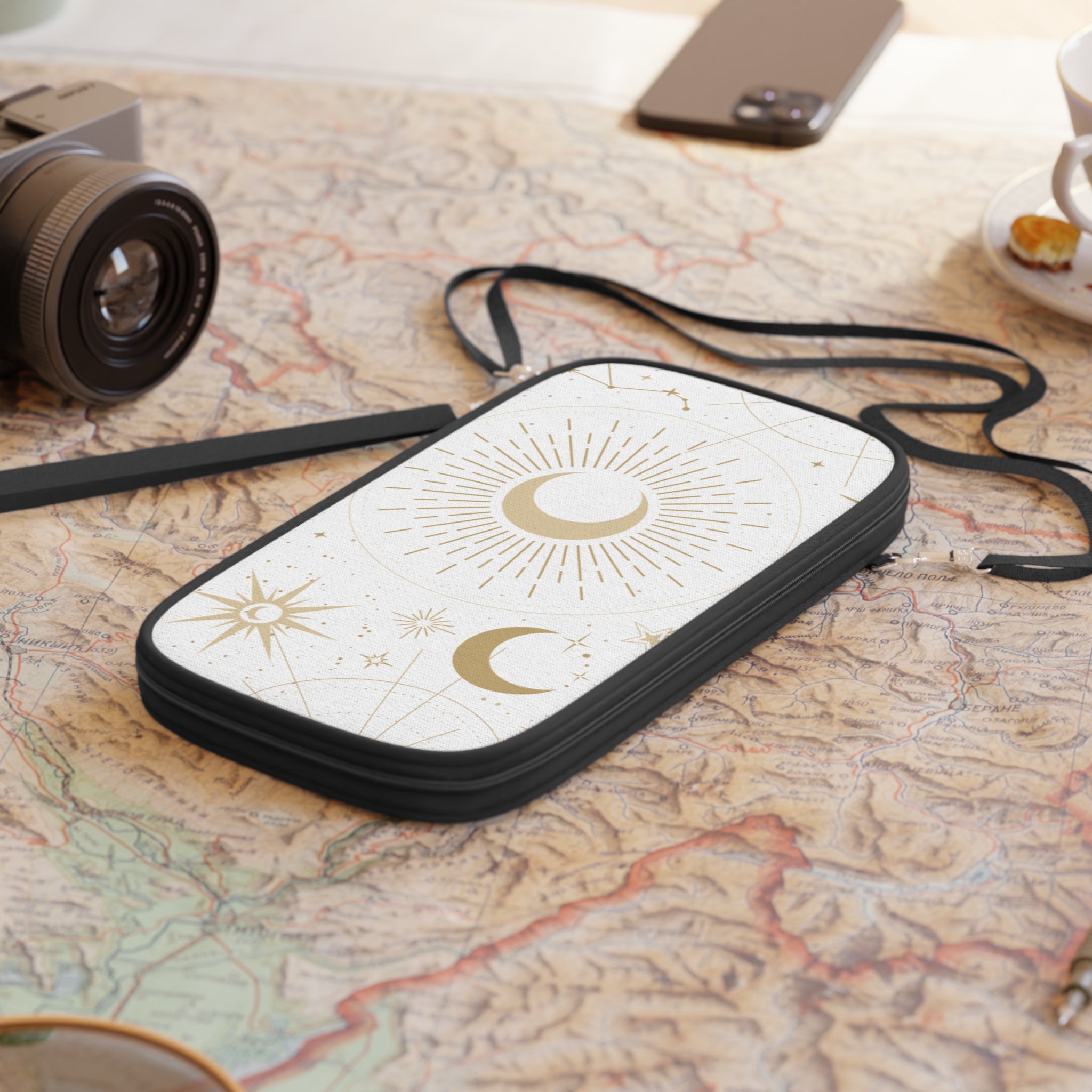 Celestial Moon Passport Wallet — Gold Sun & Moon Travel Pouch