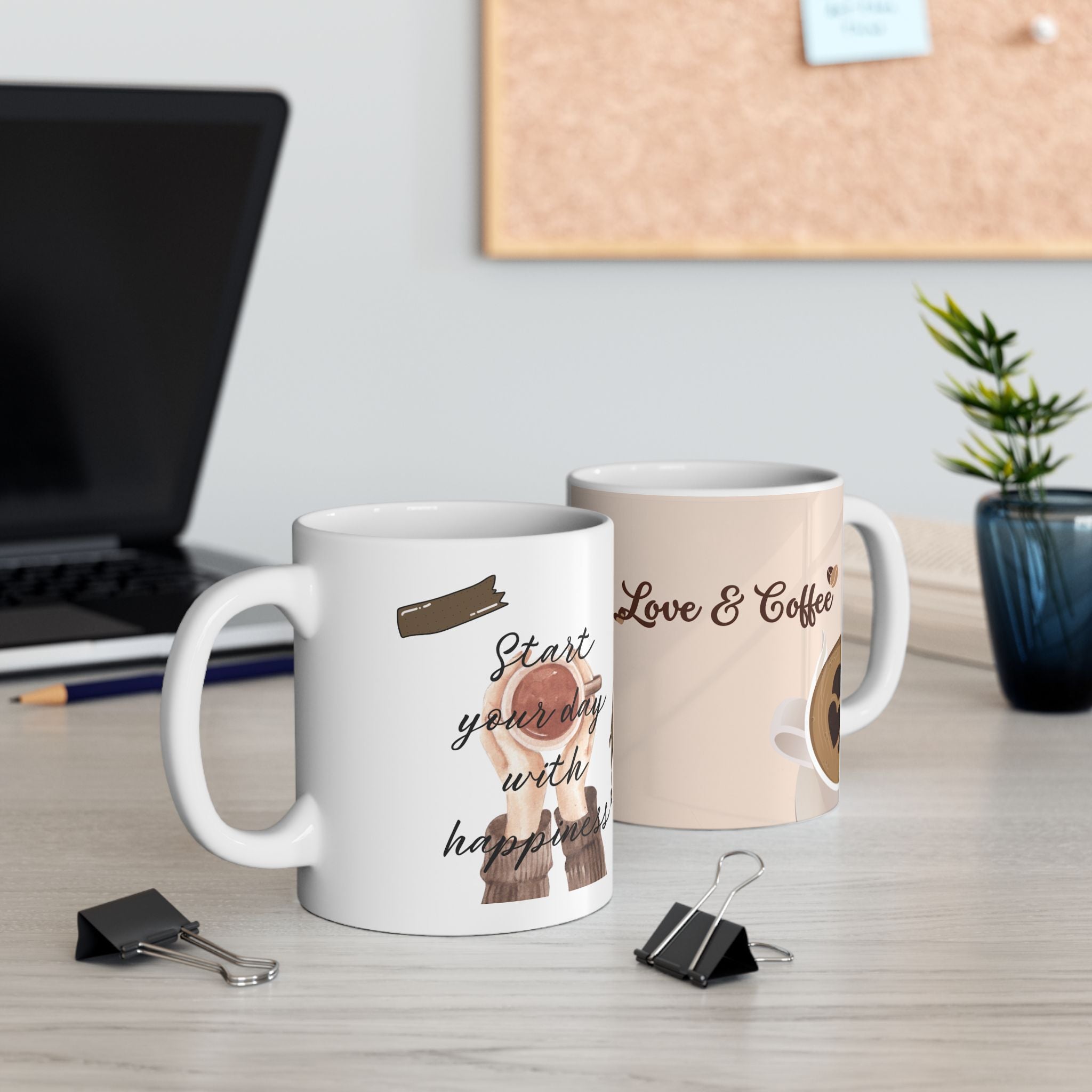 Love & Coffee mug | Cozy heart latte illustration, neutral beige ceramic mug