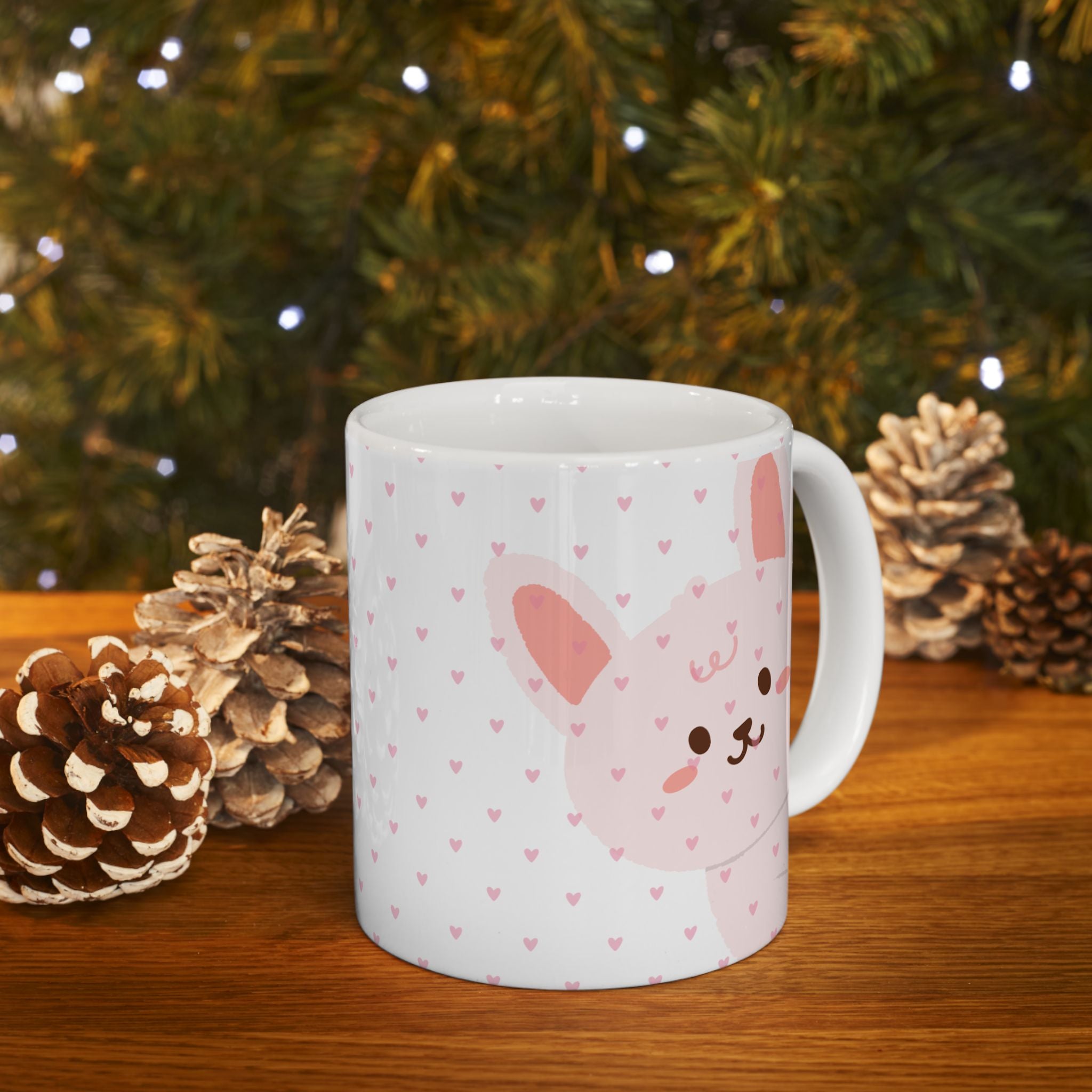 Cute Pink Bunny Ceramic Mug — Kawaii Heart Pattern Coffee Cup (11oz & 15oz)