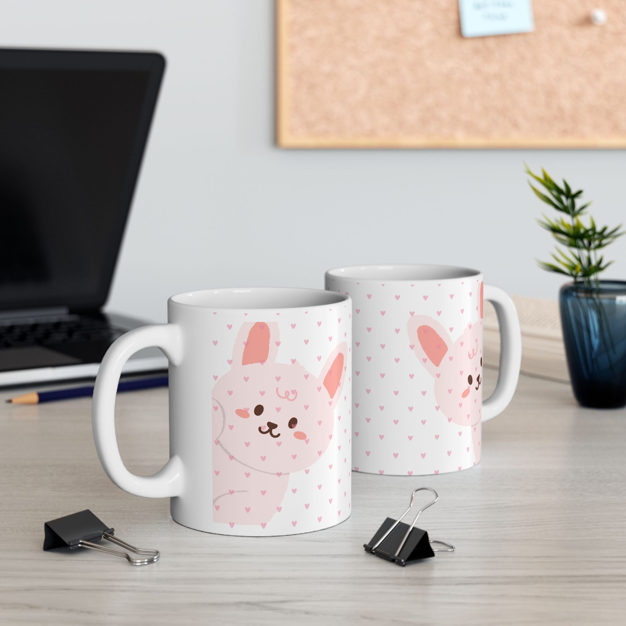 Cute Pink Bunny Ceramic Mug — Kawaii Heart Pattern Coffee Cup (11oz & 15oz)