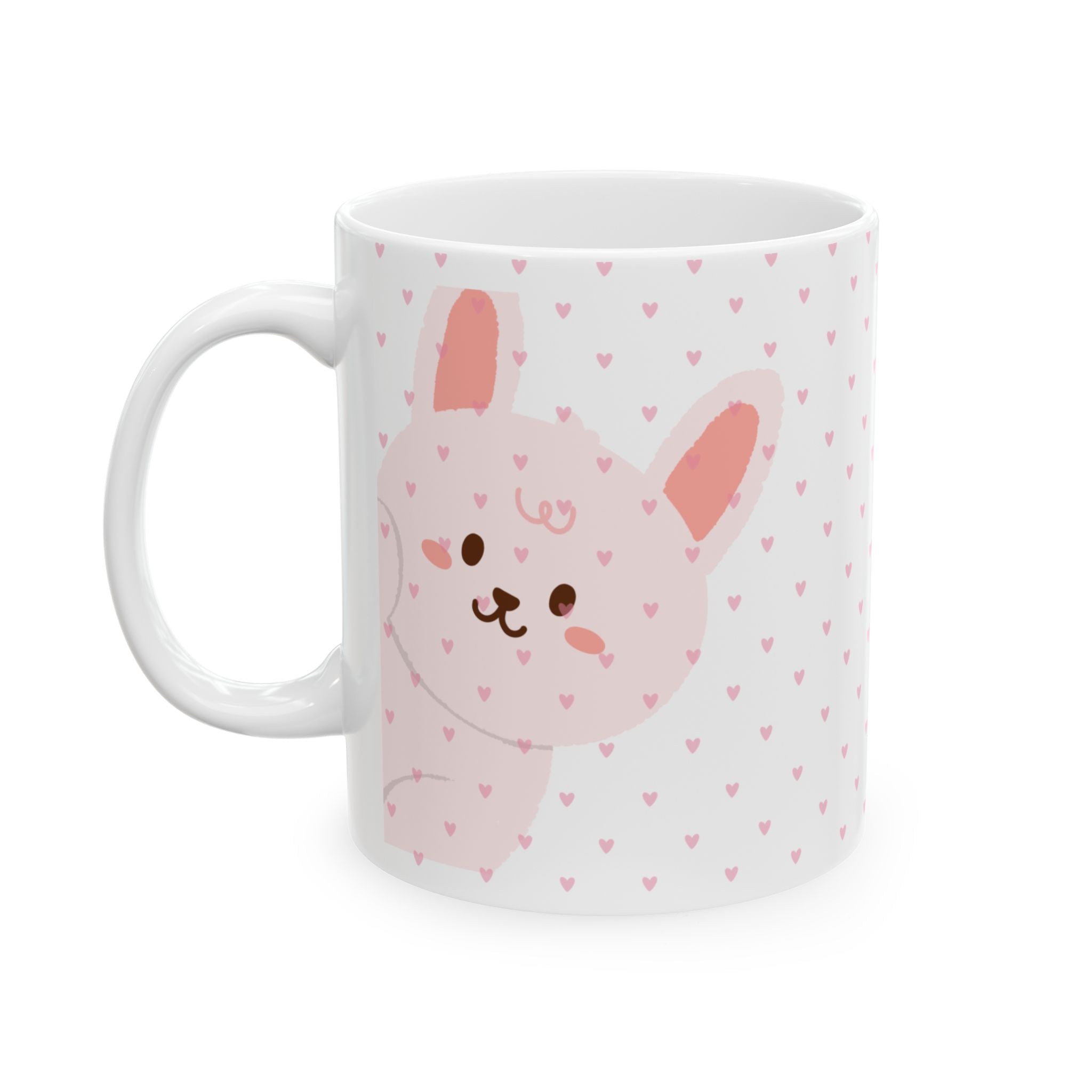 Cute Pink Bunny Ceramic Mug — Kawaii Heart Pattern Coffee Cup (11oz & 15oz)