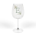 Monogram E 12oz Wine Glass — Floral Letter E Stemmed Wineglass (Dove & Lily Accent)