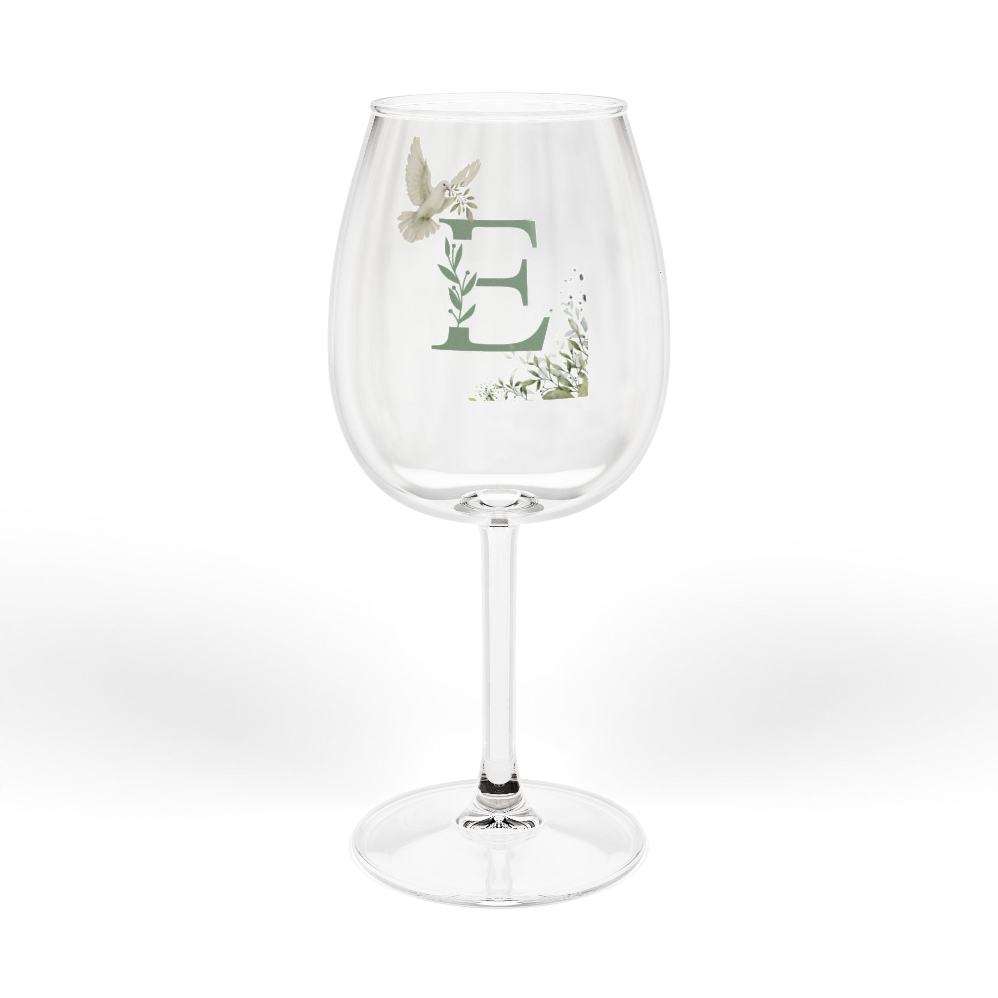 Monogram E 12oz Wine Glass — Floral Letter E Stemmed Wineglass (Dove & Lily Accent)
