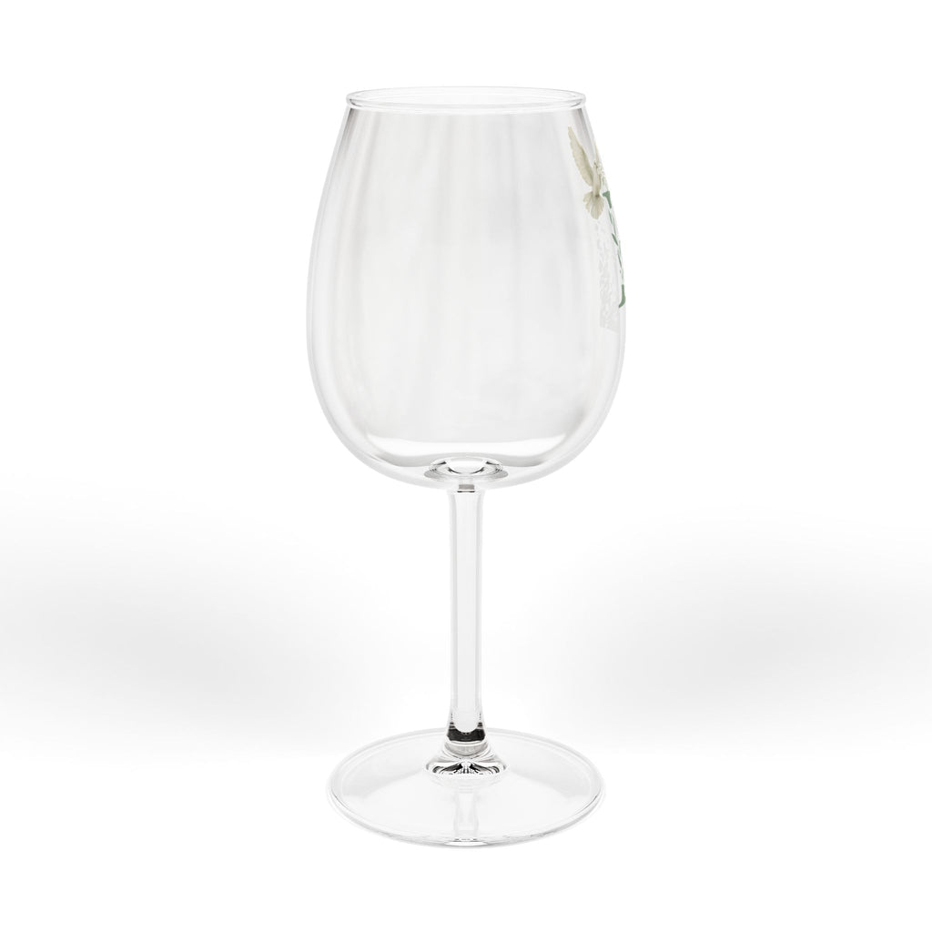 Monogram E 12oz Wine Glass — Floral Letter E Stemmed Wineglass (Dove & Lily Accent)