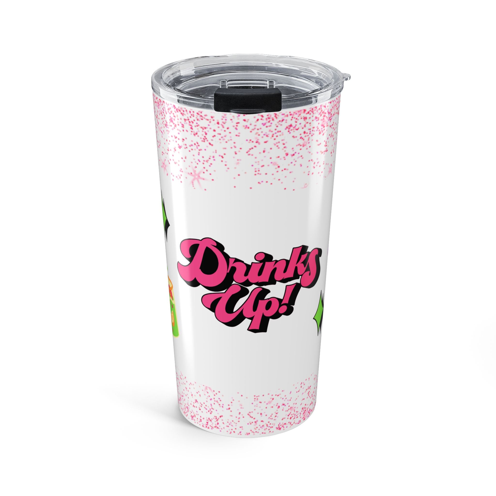 20oz Tumbler - 'Drinks Up!' Pink Glitter Travel Cup | Funny Bachelorette & Party Drinkware