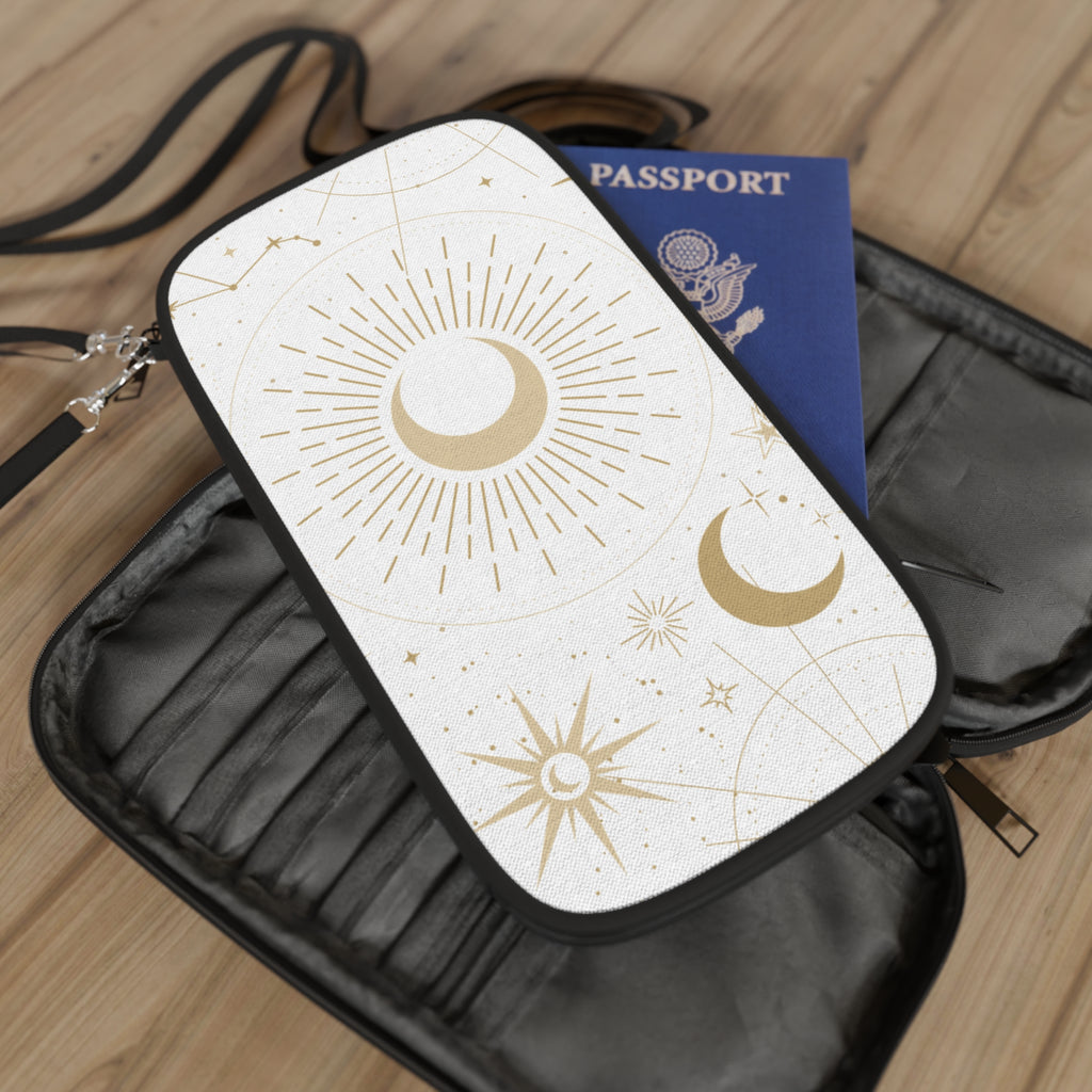 Celestial Moon Passport Wallet — Gold Sun & Moon Travel Pouch