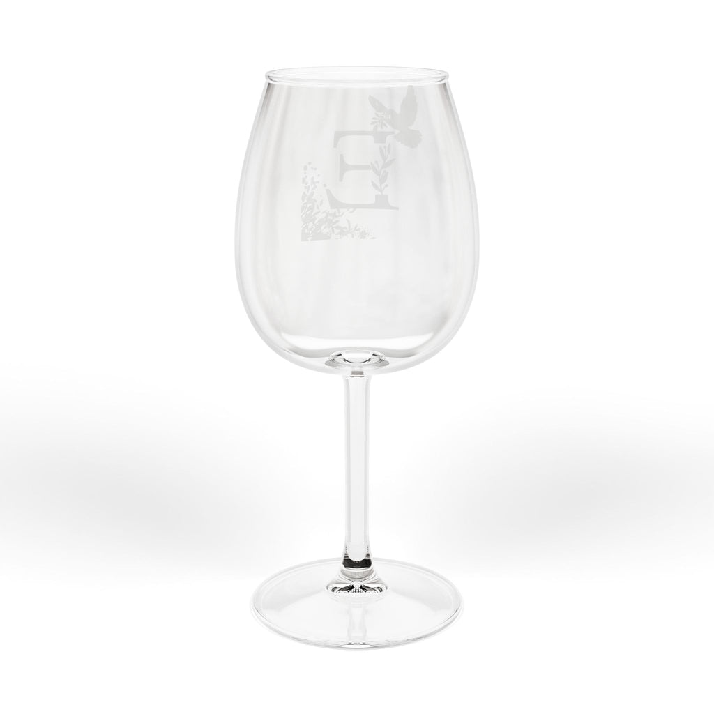 Monogram E 12oz Wine Glass — Floral Letter E Stemmed Wineglass (Dove & Lily Accent)