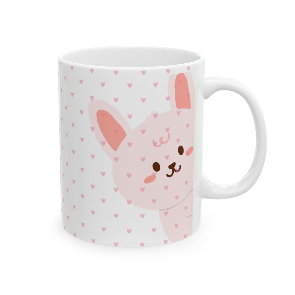 Cute Pink Bunny Ceramic Mug — Kawaii Heart Pattern Coffee Cup (11oz & 15oz)