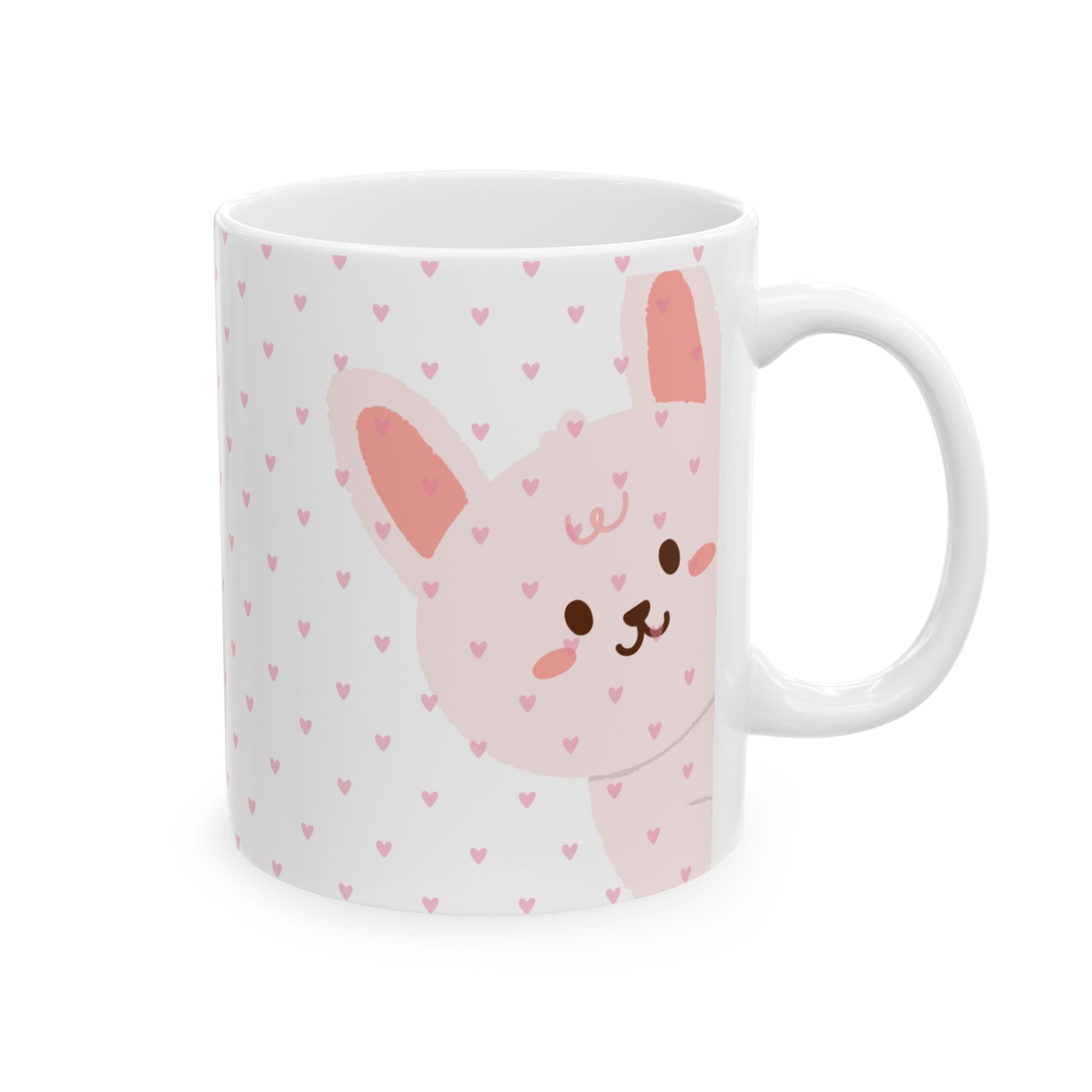 Cute Pink Bunny Ceramic Mug — Kawaii Heart Pattern Coffee Cup (11oz & 15oz)