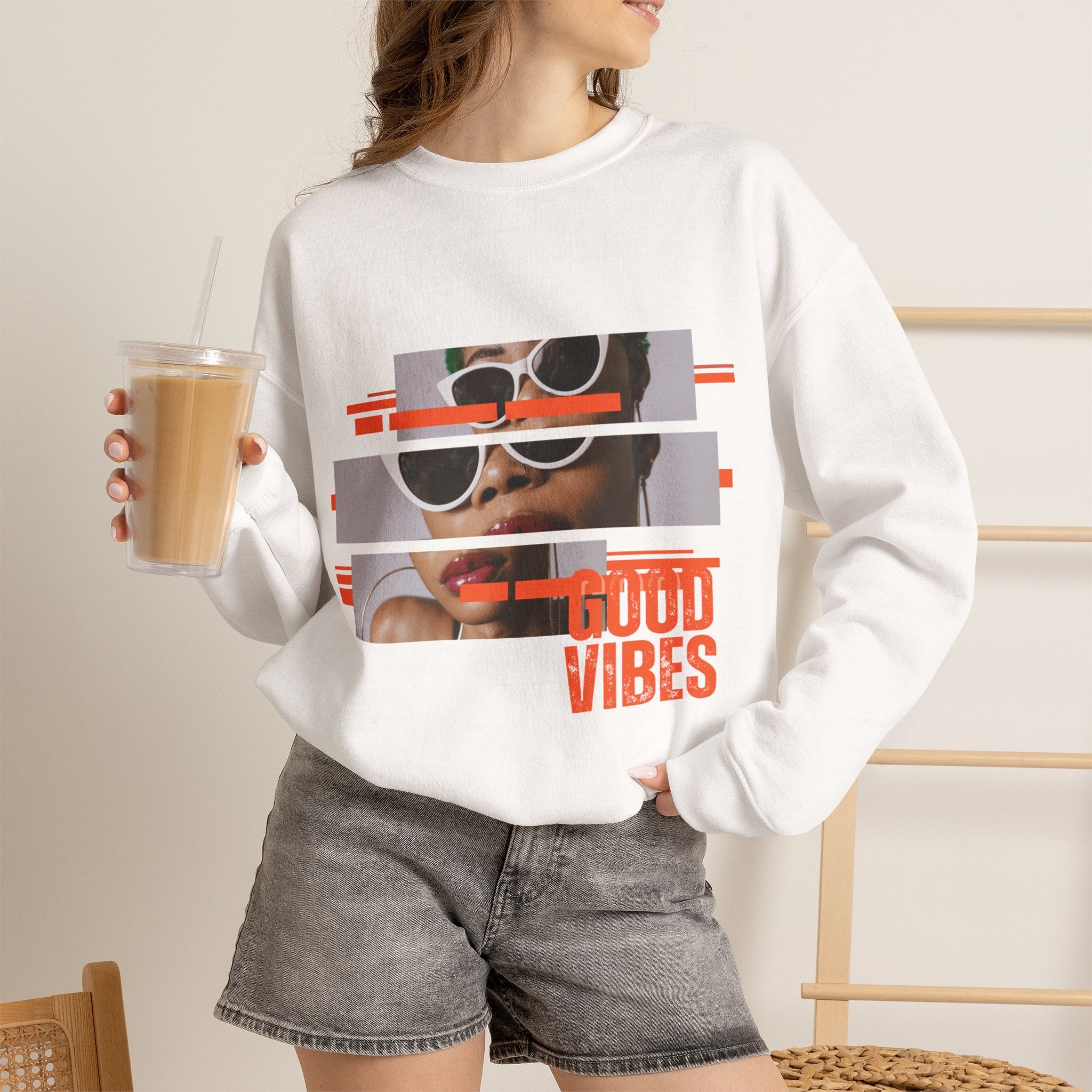 Good Vibes Crewneck Sweatshirt – Retro Sunglasses Graphic