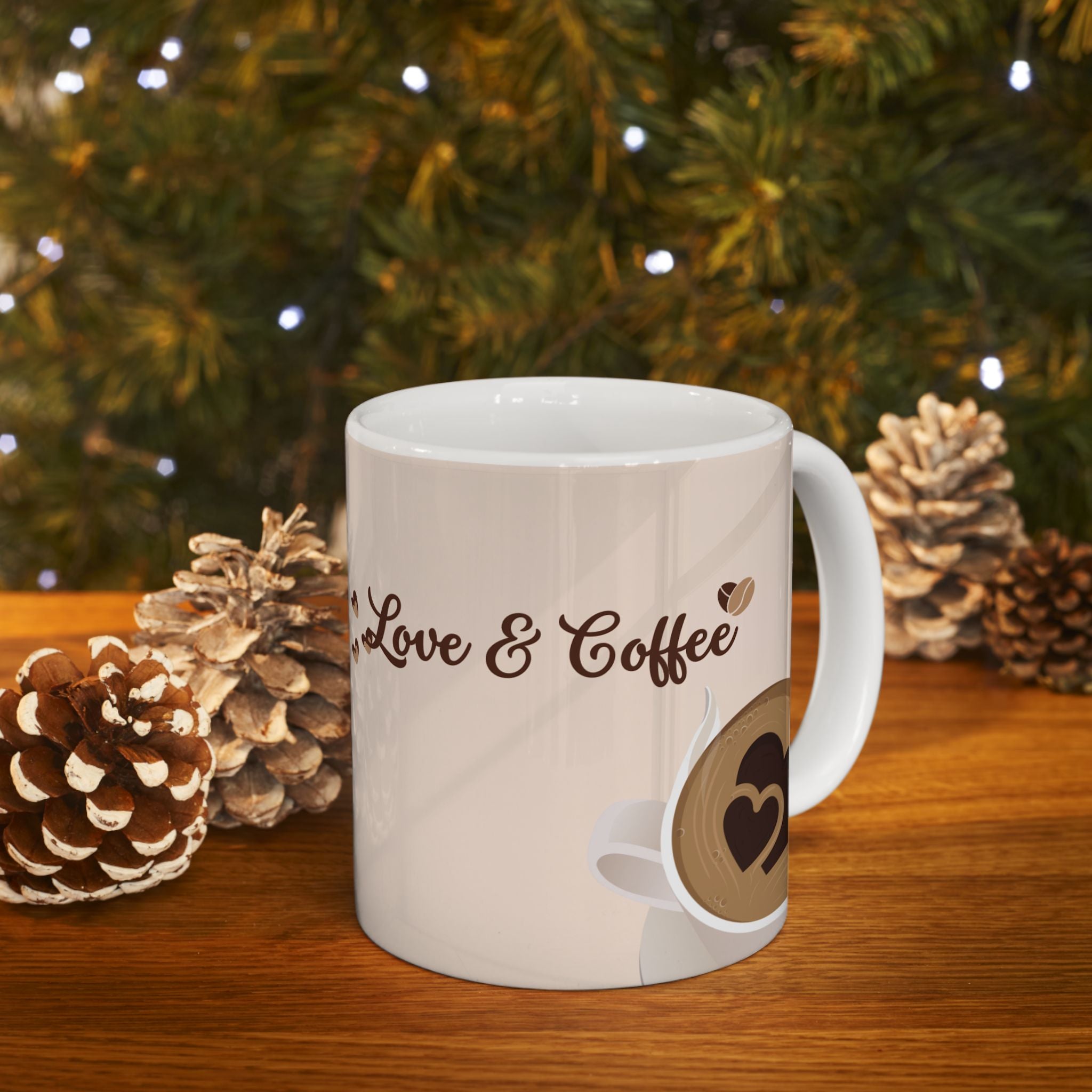 Love & Coffee mug | Cozy heart latte illustration, neutral beige ceramic mug