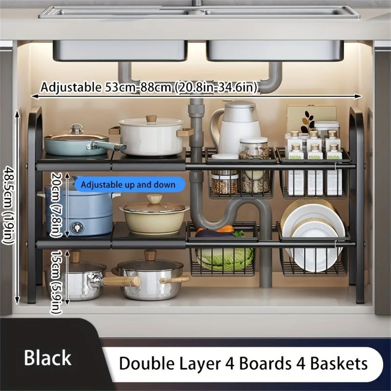 Adjustable under sink Organizer, kitchen and bathroom Storage Rack